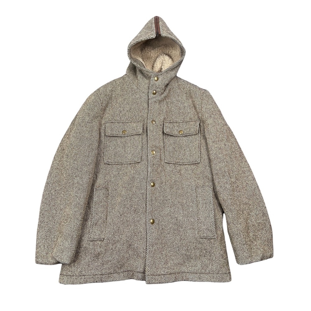 Woolrich 1960s Hickory Striped Hooded Coat Mens 38 (42) Brown Tweed Sherpa-Lined
